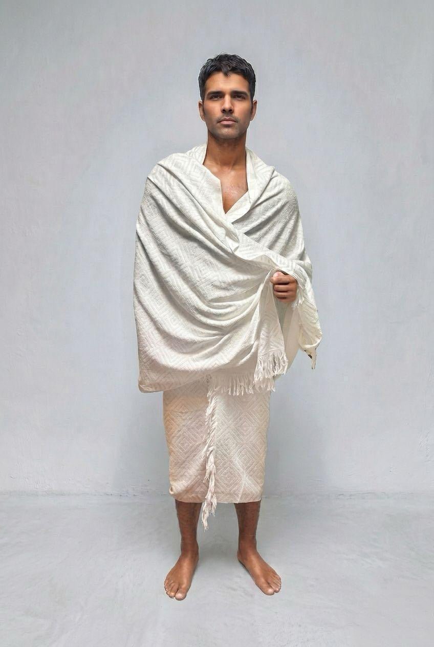 Men's bamboo Ihram, Islamic jacquard weave, white, by Sigma Fit for Hajj and Umrah