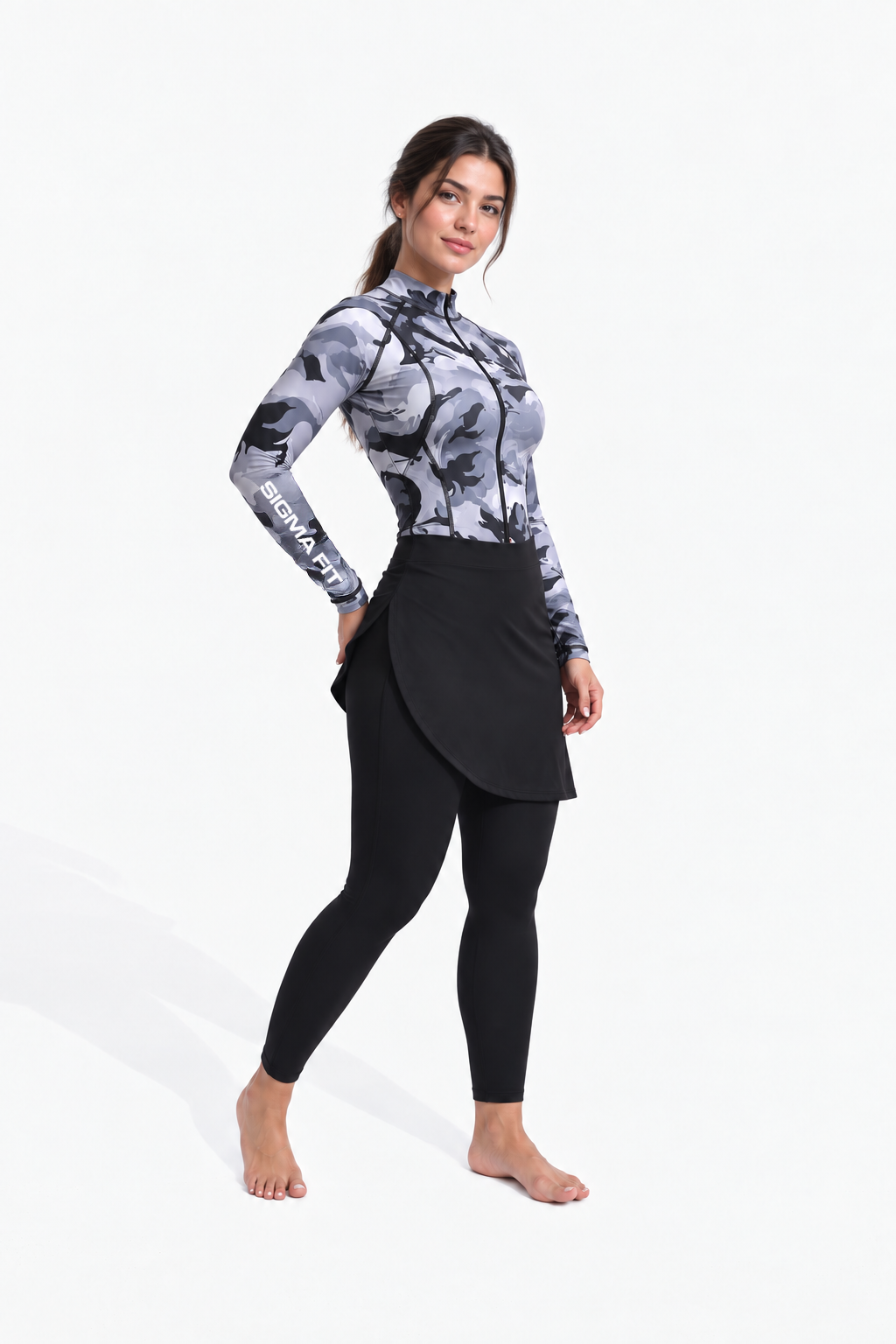 Black Camouflage Eclipse Burkini Set - Three-Quarter - Sigma Fit